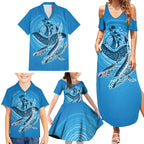 Aboriginal Ocean Whale Family Matching Summer Maxi Dress and Hawaiian Shirt Dot Art Dreamtime Tree of Life