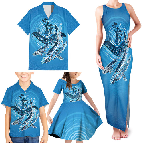 Aboriginal Ocean Whale Family Matching Tank Maxi Dress and Hawaiian Shirt Dot Art Dreamtime Tree of Life
