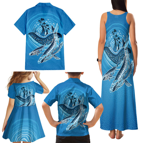 Aboriginal Ocean Whale Family Matching Tank Maxi Dress and Hawaiian Shirt Dot Art Dreamtime Tree of Life