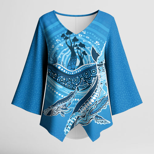 Aboriginal Ocean Whale Kimono Sleeve Blouse Dot Art Dreamtime Tree of Life