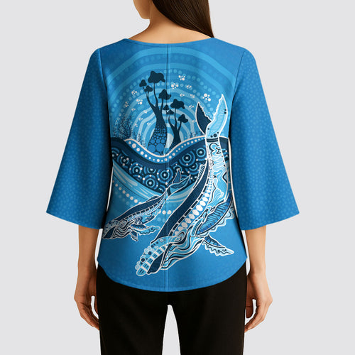 Aboriginal Ocean Whale Kimono Sleeve Blouse Dot Art Dreamtime Tree of Life