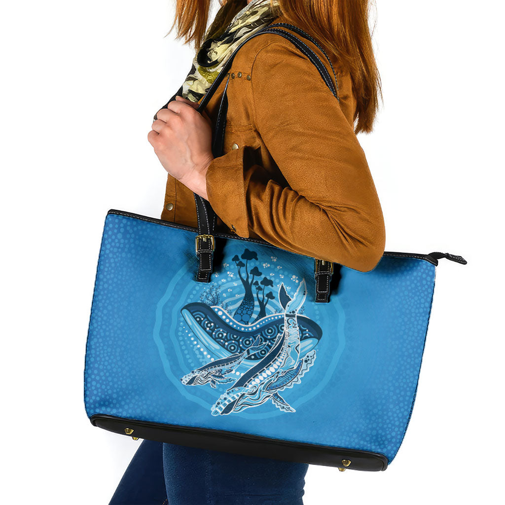 Aboriginal Ocean Whale Leather Tote Bag Dot Art Dreamtime Tree of Life