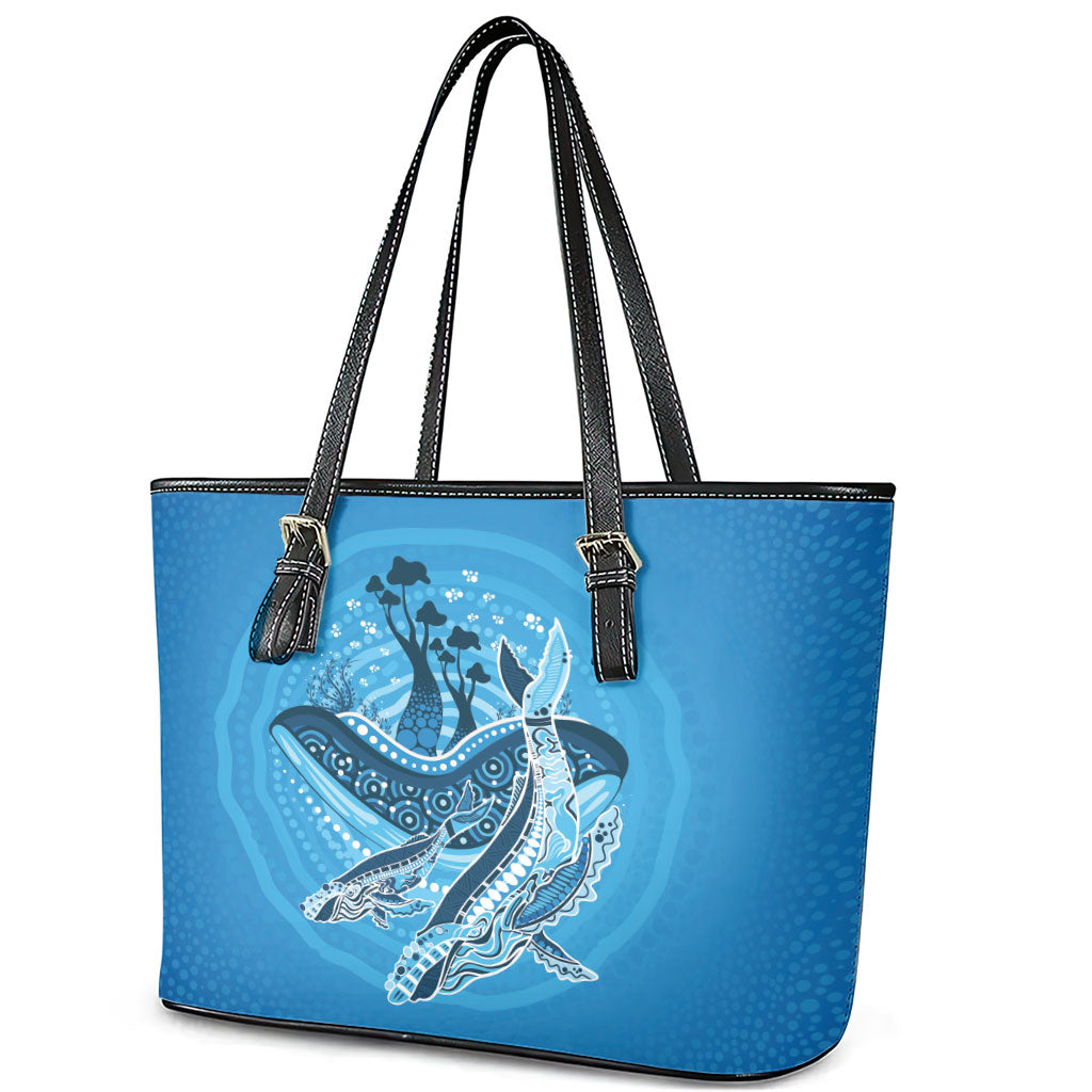 Aboriginal Ocean Whale Leather Tote Bag Dot Art Dreamtime Tree of Life