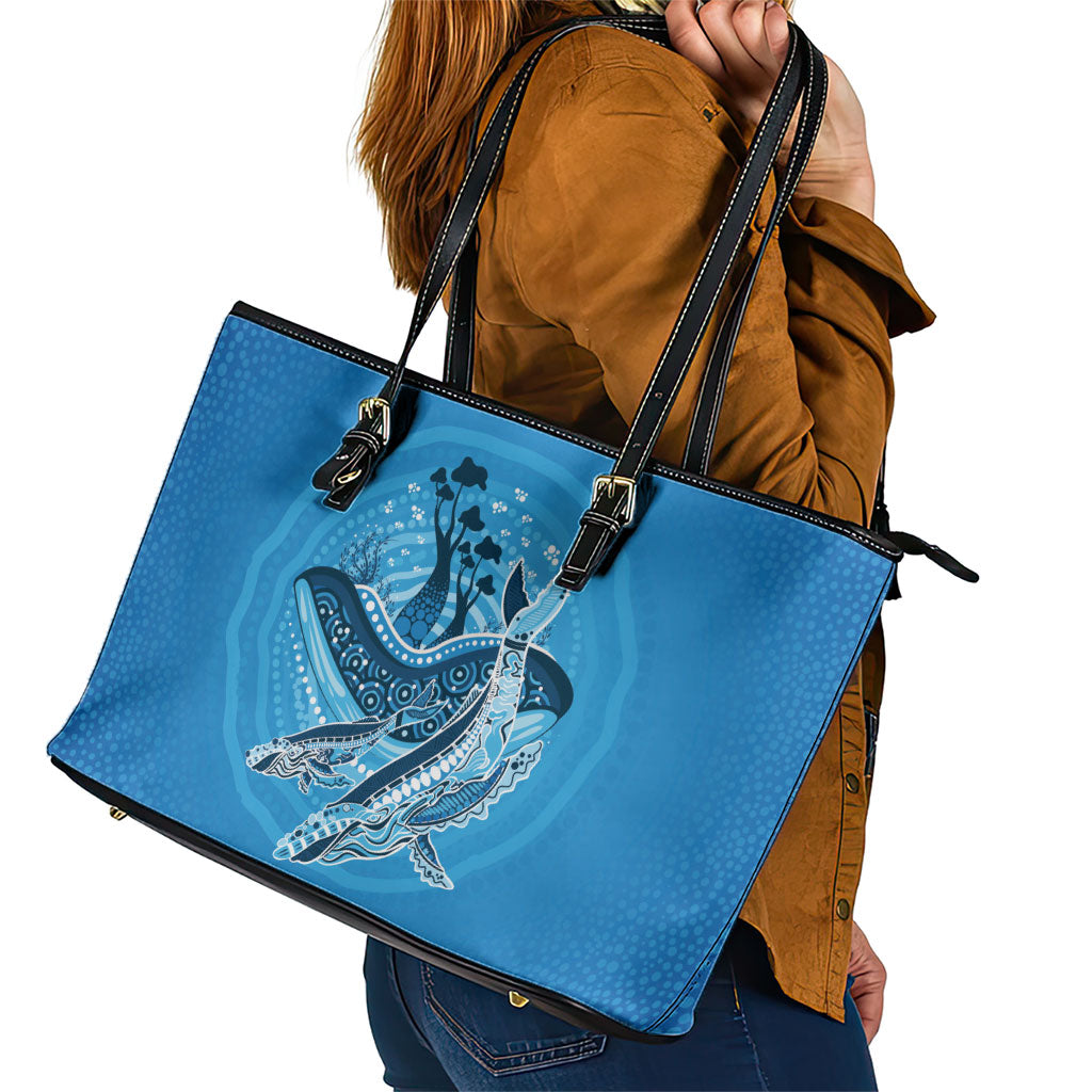 Aboriginal Ocean Whale Leather Tote Bag Dot Art Dreamtime Tree of Life