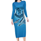 Aboriginal Ocean Whale Long Sleeve Bodycon Dress Dot Art Dreamtime Tree of Life