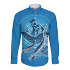 Aboriginal Ocean Whale Long Sleeve Button Shirt Dot Art Dreamtime Tree of Life