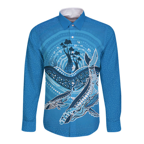Aboriginal Ocean Whale Long Sleeve Button Shirt Dot Art Dreamtime Tree of Life