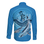 Aboriginal Ocean Whale Long Sleeve Button Shirt Dot Art Dreamtime Tree of Life