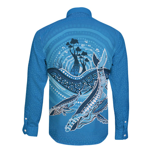 Aboriginal Ocean Whale Long Sleeve Button Shirt Dot Art Dreamtime Tree of Life