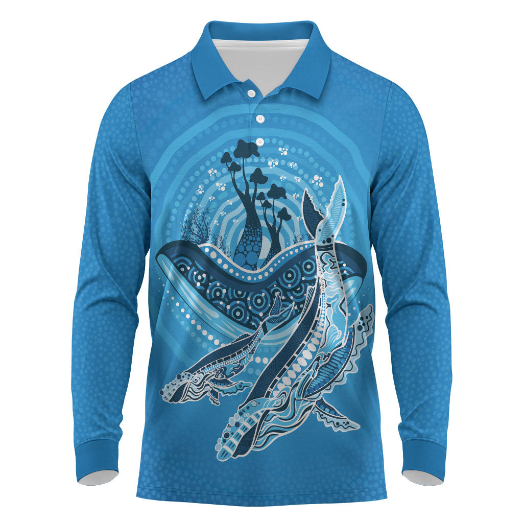 Aboriginal Ocean Whale Long Sleeve Polo Shirt Dot Art Dreamtime Tree of Life