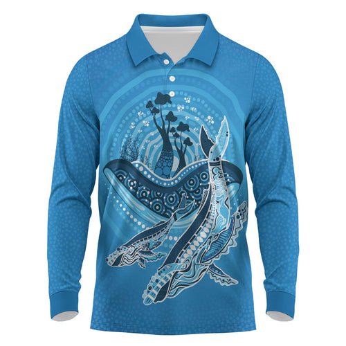 Aboriginal Ocean Whale Long Sleeve Polo Shirt Dot Art Dreamtime Tree of Life