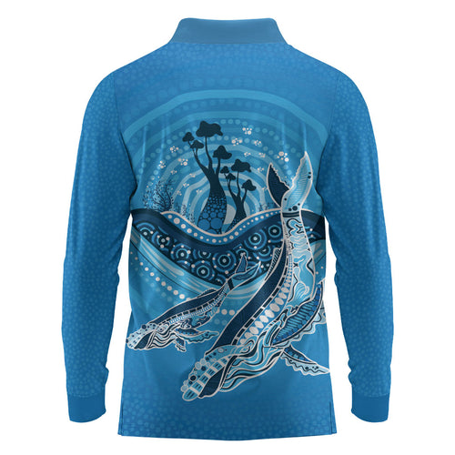 Aboriginal Ocean Whale Long Sleeve Polo Shirt Dot Art Dreamtime Tree of Life