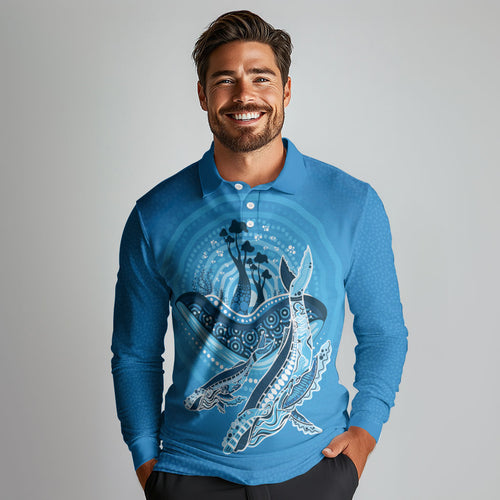 Aboriginal Ocean Whale Long Sleeve Polo Shirt Dot Art Dreamtime Tree of Life