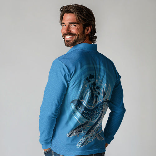 Aboriginal Ocean Whale Long Sleeve Polo Shirt Dot Art Dreamtime Tree of Life