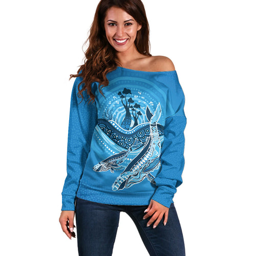 Aboriginal Ocean Whale Off Shoulder Sweater Dot Art Dreamtime Tree of Life