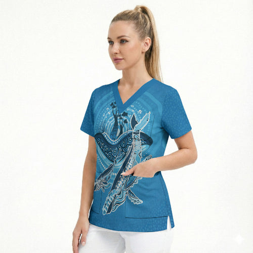 Aboriginal Ocean Whale Scrub Top Dot Art Dreamtime Tree of Life