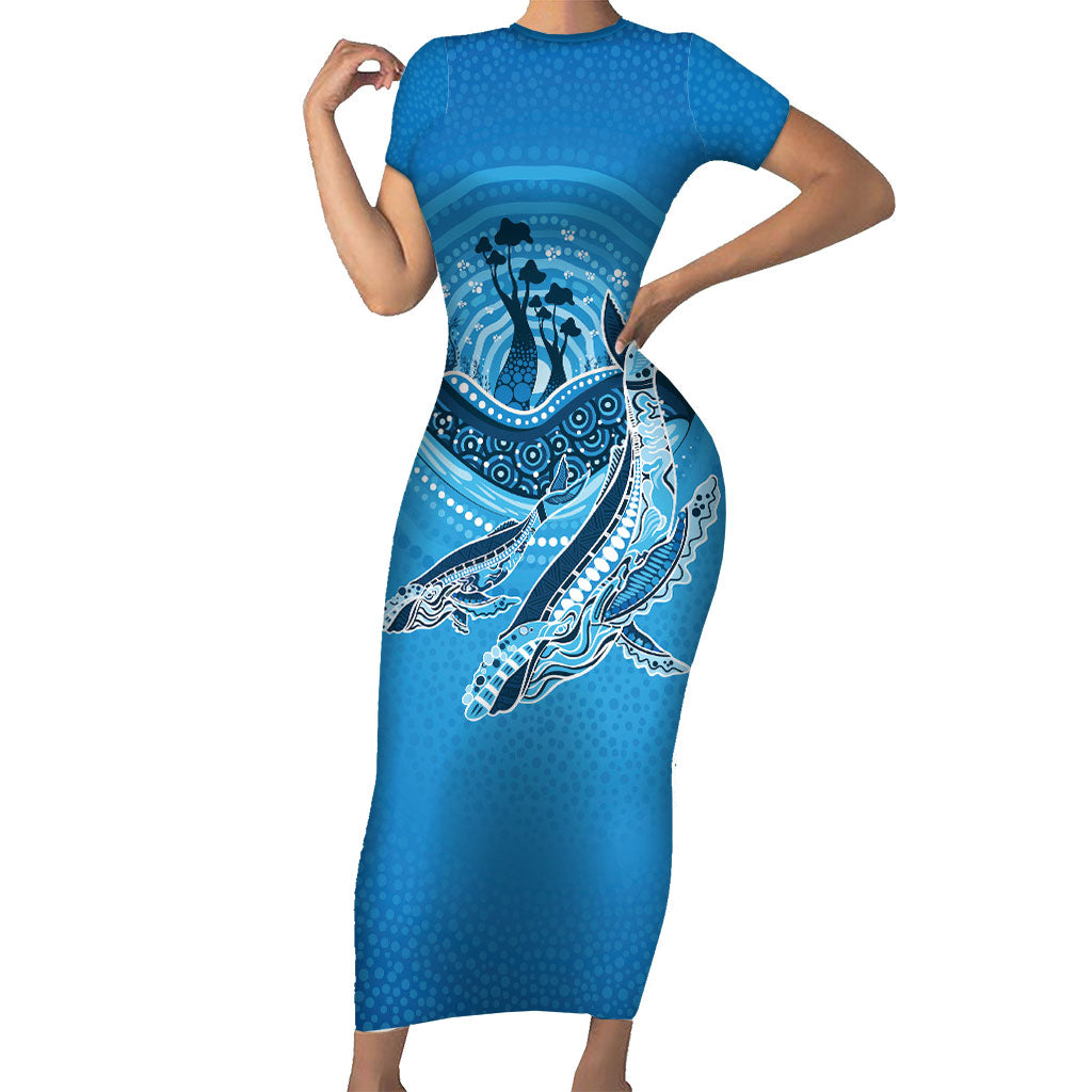 Aboriginal Ocean Whale Short Sleeve Bodycon Dress Dot Art Dreamtime Tree of Life