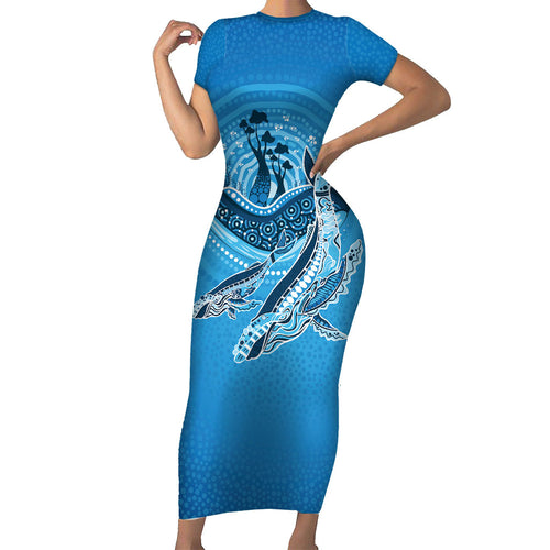 Aboriginal Ocean Whale Short Sleeve Bodycon Dress Dot Art Dreamtime Tree of Life