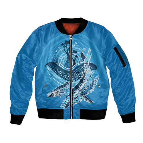 Aboriginal Ocean Whale Sleeve Zip Bomber Jacket Dot Art Dreamtime Tree of Life