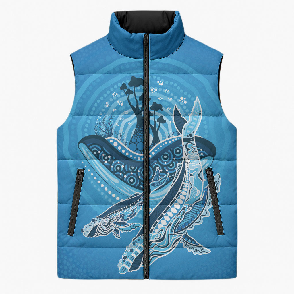 Aboriginal Ocean Whale Sleeveless Puffer Jacket Dot Art Dreamtime Tree of Life