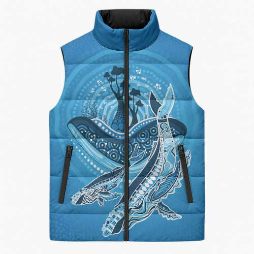 Aboriginal Ocean Whale Sleeveless Puffer Jacket Dot Art Dreamtime Tree of Life