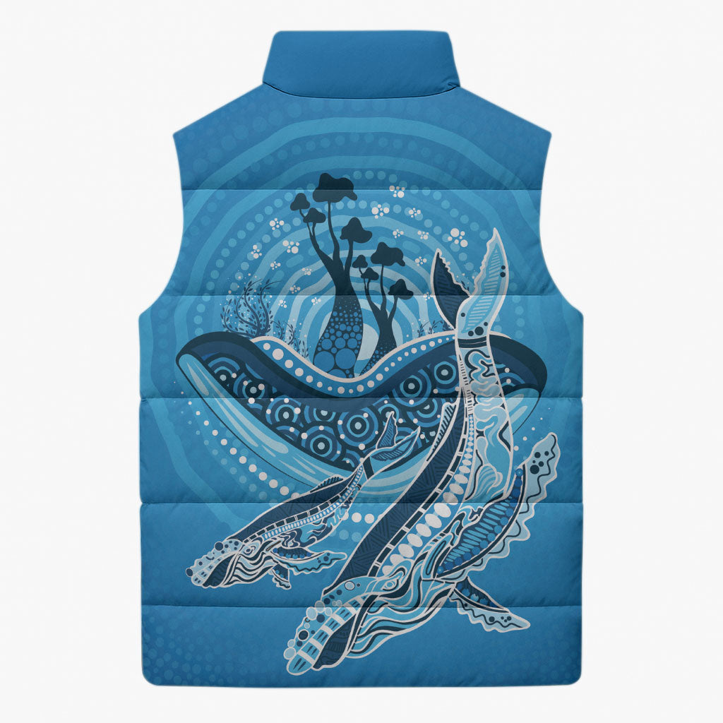 Aboriginal Ocean Whale Sleeveless Puffer Jacket Dot Art Dreamtime Tree of Life