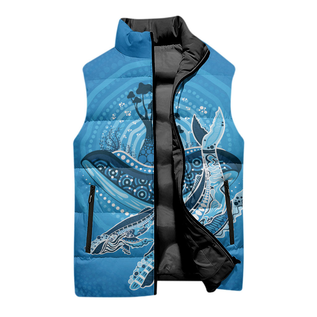 Aboriginal Ocean Whale Sleeveless Puffer Jacket Dot Art Dreamtime Tree of Life