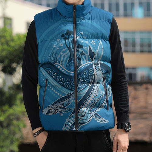 Aboriginal Ocean Whale Sleeveless Puffer Jacket Dot Art Dreamtime Tree of Life