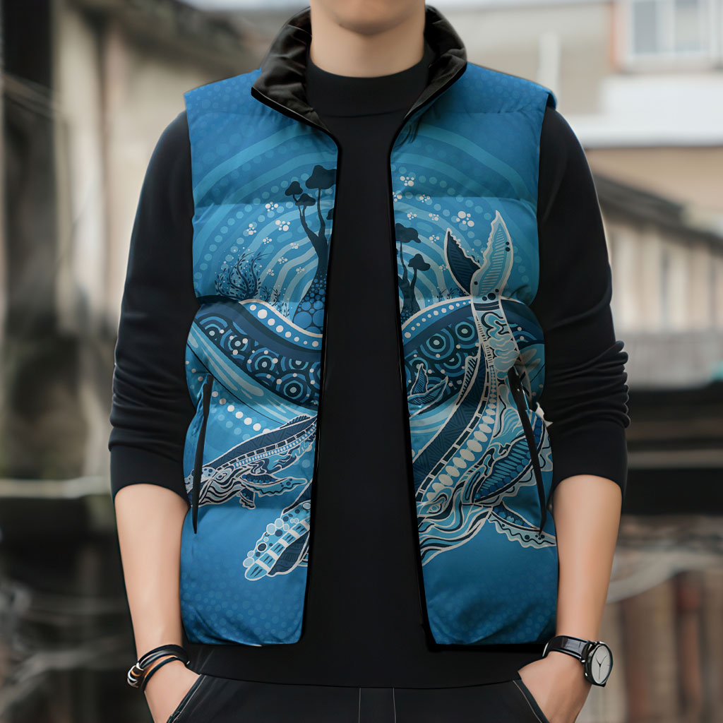 Aboriginal Ocean Whale Sleeveless Puffer Jacket Dot Art Dreamtime Tree of Life