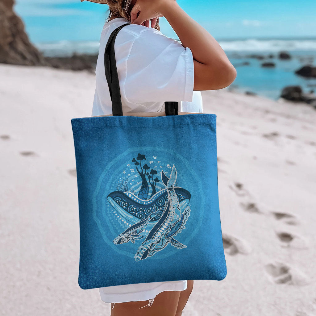Aboriginal Ocean Whale Tote Bag Dot Art Dreamtime Tree of Life