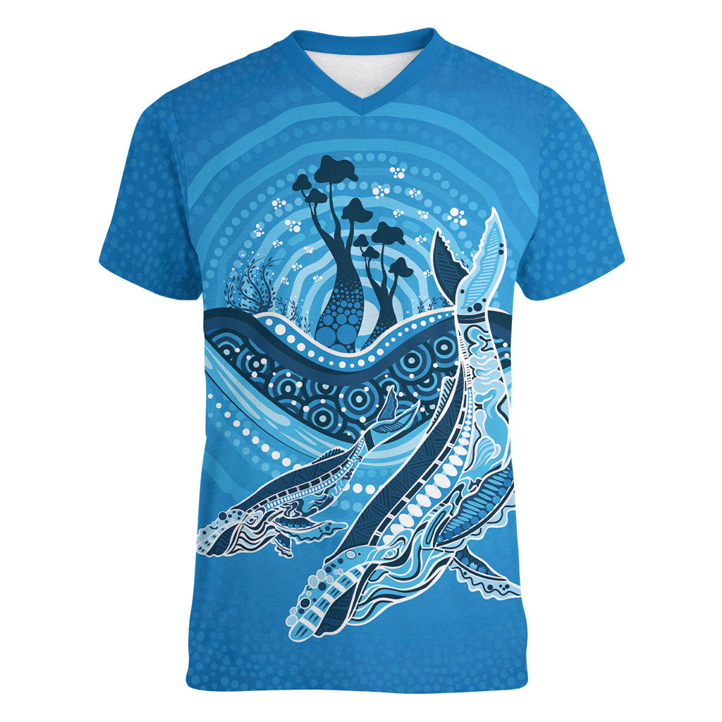 Aboriginal Ocean Whale Women V-Neck T-Shirt Dot Art Dreamtime Tree of Life