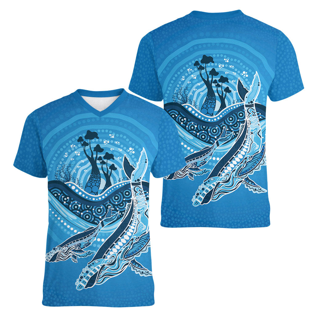 Aboriginal Ocean Whale Women V-Neck T-Shirt Dot Art Dreamtime Tree of Life