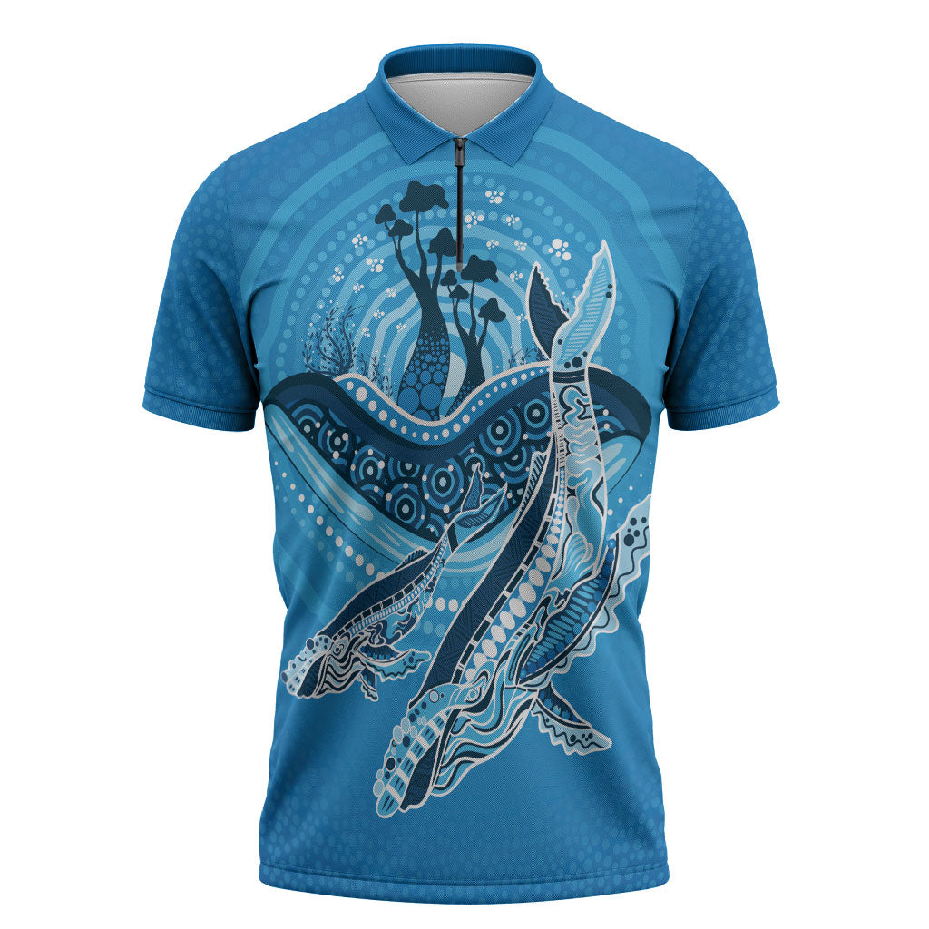Aboriginal Ocean Whale Zipper Polo Shirt Dot Art Dreamtime Tree of Life