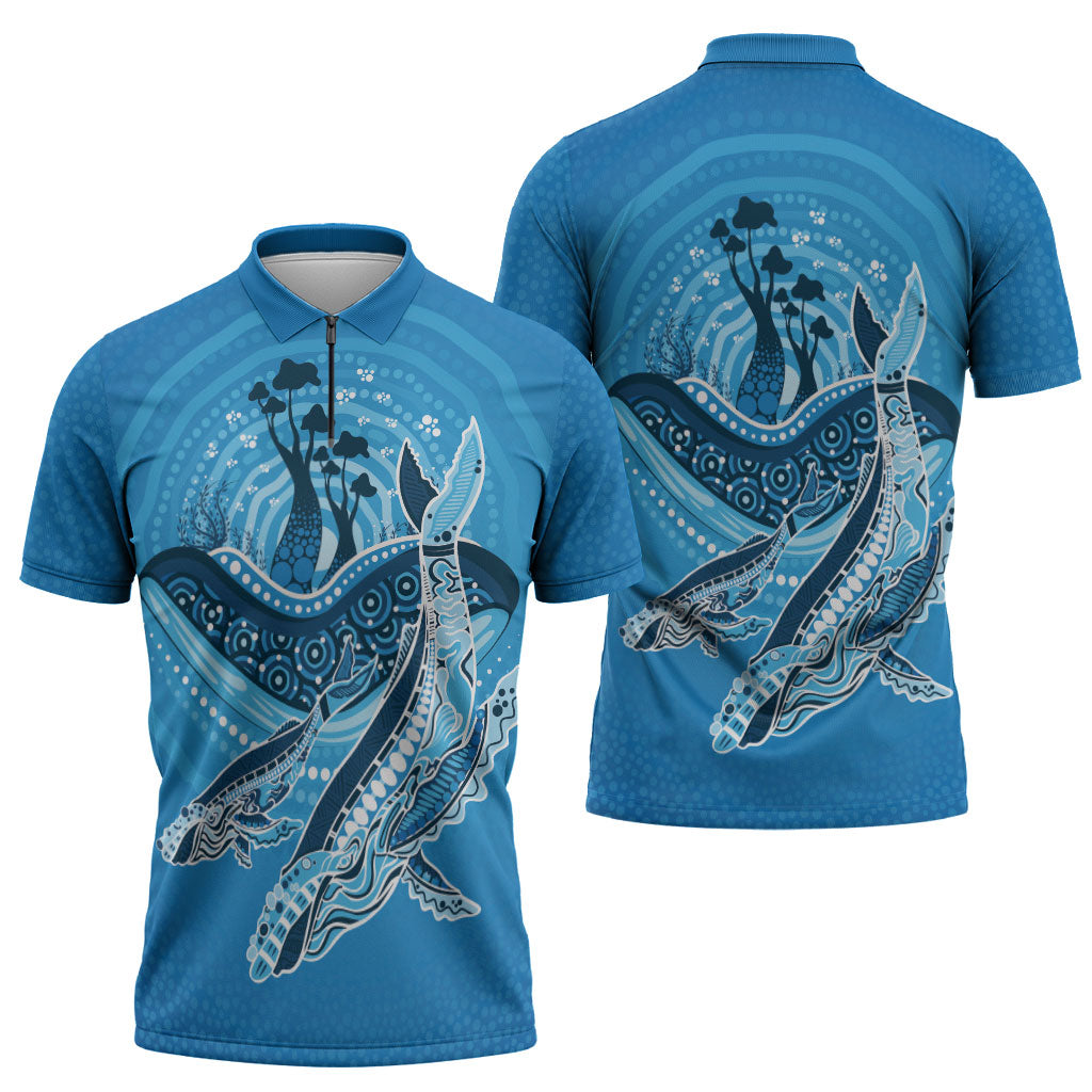 Aboriginal Ocean Whale Zipper Polo Shirt Dot Art Dreamtime Tree of Life
