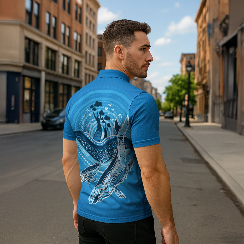 Aboriginal Ocean Whale Zipper Polo Shirt Dot Art Dreamtime Tree of Life