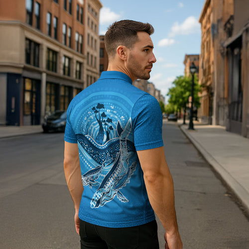 Aboriginal Ocean Whale Zipper Polo Shirt Dot Art Dreamtime Tree of Life