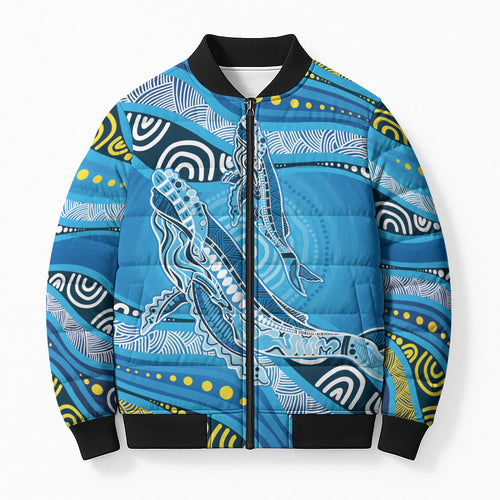 Aboriginal Ocean Whale Bomber Puffer Jacket Dot Art Dreamtime Style