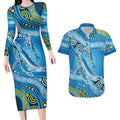 Aboriginal Ocean Whale Couples Matching Long Sleeve Bodycon Dress and Hawaiian Shirt Dot Art Dreamtime Style