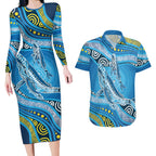 Aboriginal Ocean Whale Couples Matching Long Sleeve Bodycon Dress and Hawaiian Shirt Dot Art Dreamtime Style