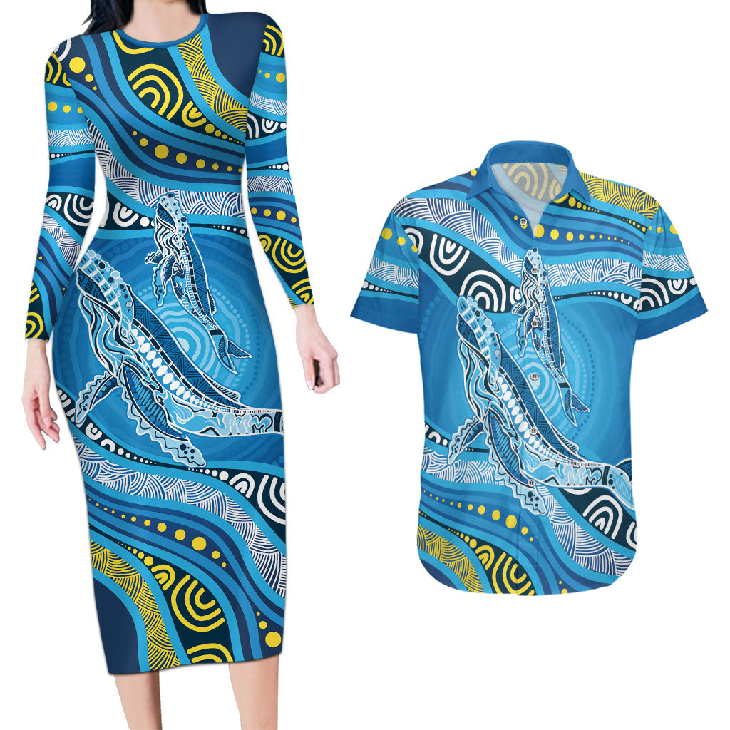 Aboriginal Ocean Whale Couples Matching Long Sleeve Bodycon Dress and Hawaiian Shirt Dot Art Dreamtime Style