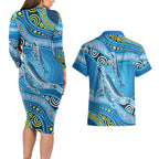 Aboriginal Ocean Whale Couples Matching Long Sleeve Bodycon Dress and Hawaiian Shirt Dot Art Dreamtime Style
