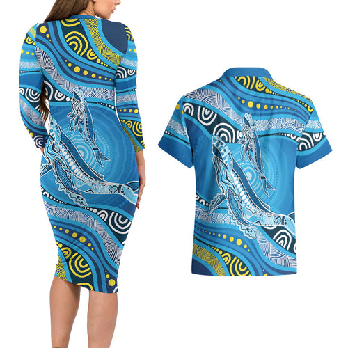 Aboriginal Ocean Whale Couples Matching Long Sleeve Bodycon Dress and Hawaiian Shirt Dot Art Dreamtime Style