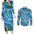 Aboriginal Ocean Whale Couples Matching Long Sleeve Bodycon Dress and Long Sleeve Button Shirt Dot Art Dreamtime Style