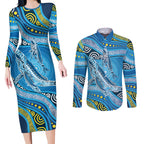 Aboriginal Ocean Whale Couples Matching Long Sleeve Bodycon Dress and Long Sleeve Button Shirt Dot Art Dreamtime Style