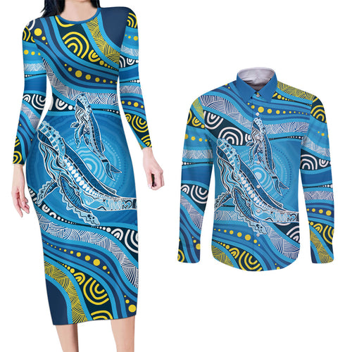 Aboriginal Ocean Whale Couples Matching Long Sleeve Bodycon Dress and Long Sleeve Button Shirt Dot Art Dreamtime Style