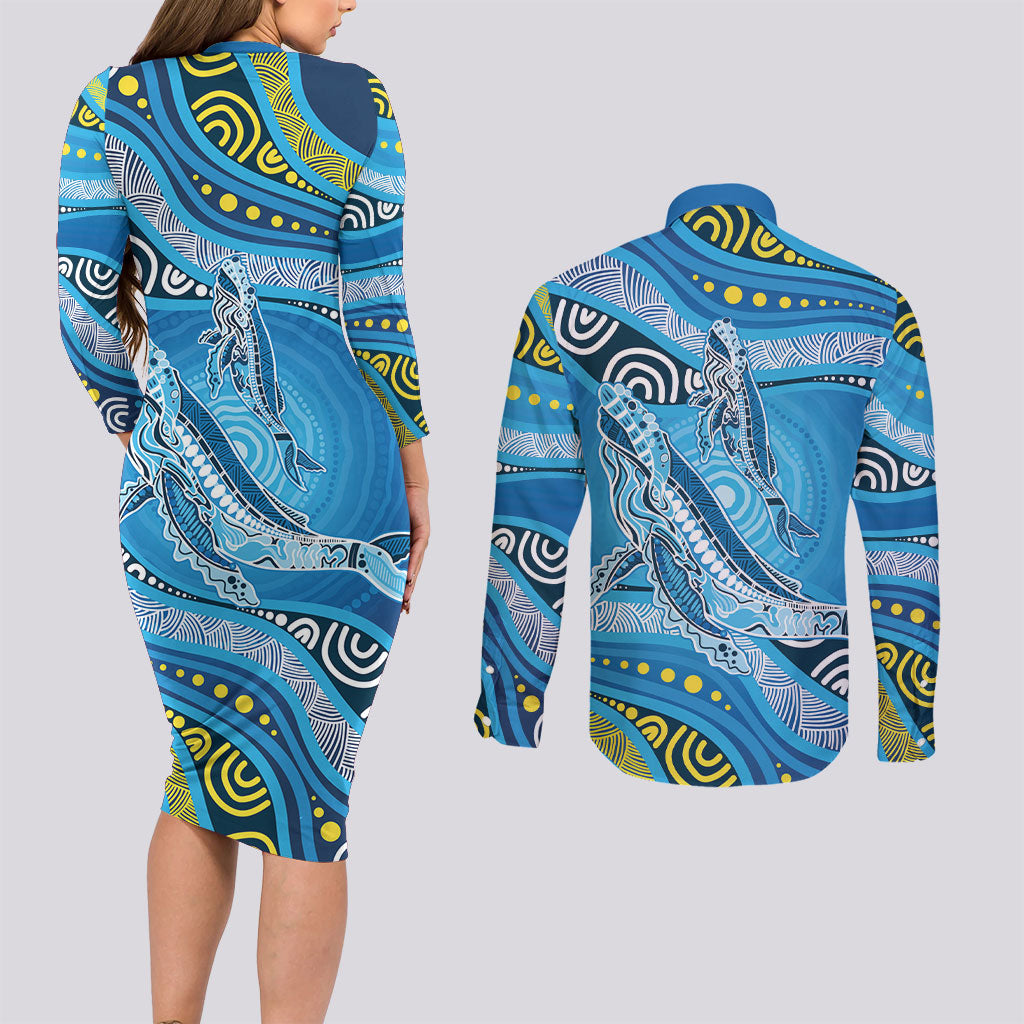 Aboriginal Ocean Whale Couples Matching Long Sleeve Bodycon Dress and Long Sleeve Button Shirt Dot Art Dreamtime Style