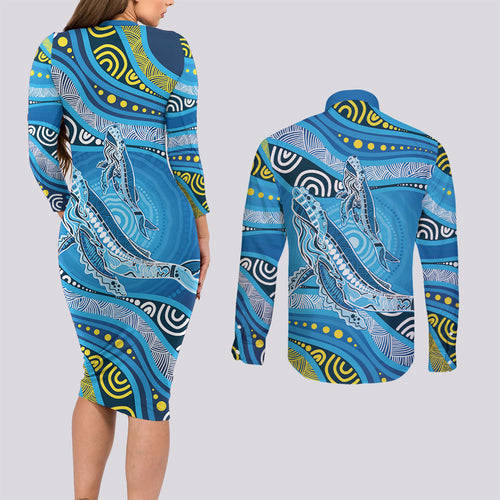Aboriginal Ocean Whale Couples Matching Long Sleeve Bodycon Dress and Long Sleeve Button Shirt Dot Art Dreamtime Style