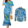 Aboriginal Ocean Whale Couples Matching Mermaid Dress and Long Sleeve Button Shirt Dot Art Dreamtime Style