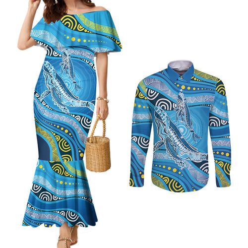 Aboriginal Ocean Whale Couples Matching Mermaid Dress and Long Sleeve Button Shirt Dot Art Dreamtime Style