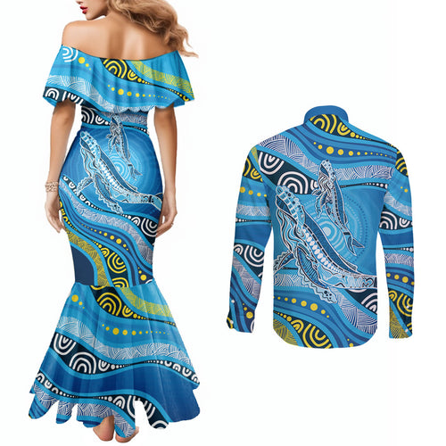 Aboriginal Ocean Whale Couples Matching Mermaid Dress and Long Sleeve Button Shirt Dot Art Dreamtime Style
